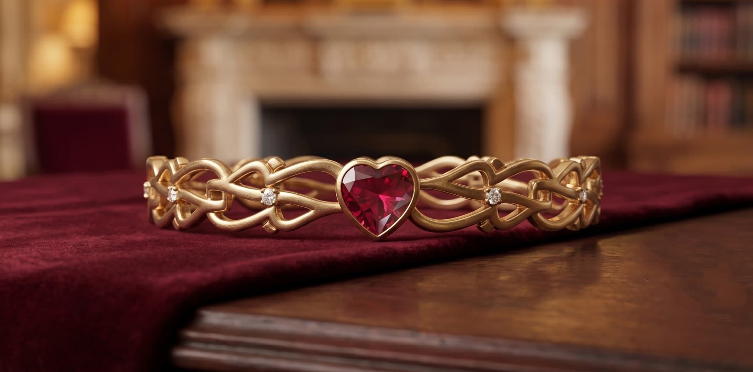 The Heart Bangle in gold, photographed on red velvet.