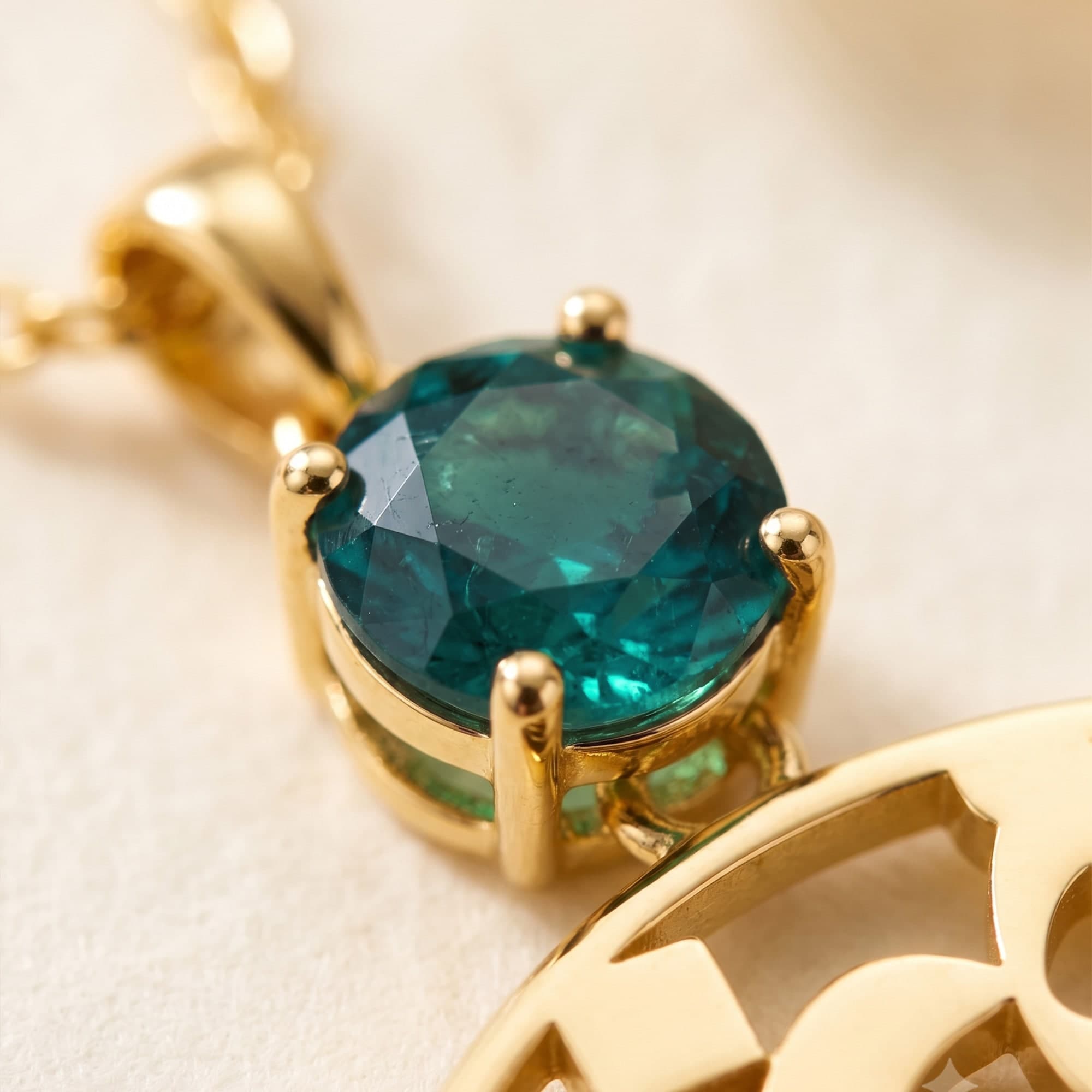 Drawn in a continuous circle of Arabic Thuluth calligraphy, Mojawhara carries the meaning of its name, “the jewel.” Sculpted in 18K gold and illuminated by a green sapphire, the necklace brings heritage and contemporary form into quiet balance. Worn close to the heart, it becomes both an emblem of t